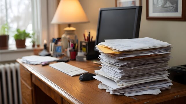 A busy wooden desk in a home office overflowing with stacks of papers and office supplies beside a computer and lamp