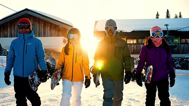 Four diverse snowboarders wearing bright winter jackets and goggles walk across bright snow carrying their boards after an exciting day on the slopes