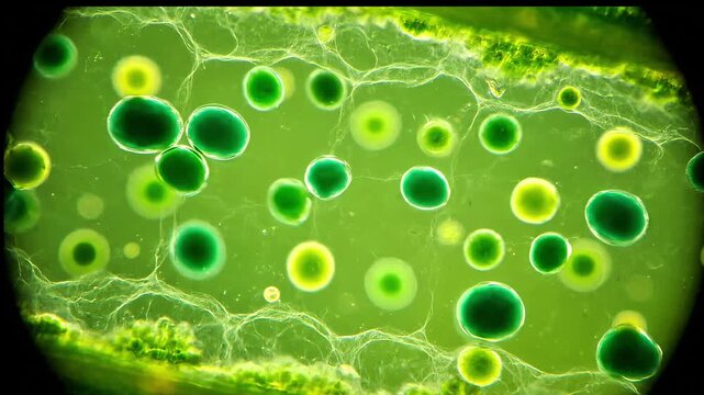High-end microscopic view of green plant leaf cells. Features fluidly moving chloroplasts, vibrant emerald tones, and soft rim lighting. Realistic organic motion in 4K.