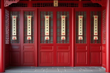 Fototapeta premium Traditional Chinese Red Door with Lunar New Year Couplets in Symmetrical View