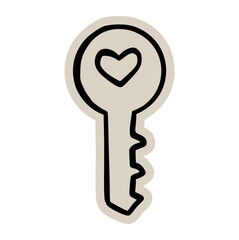 Heart key love scrapbook, doodle, sticker, collage, icon: hand drawn illustration of vintage romantic skeleton key for valentine, wedding, secret, solution, success, home, safety, unlock