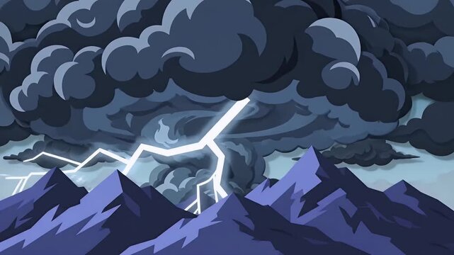 Illustrated landscape with blue mountains and stylized cloud tree