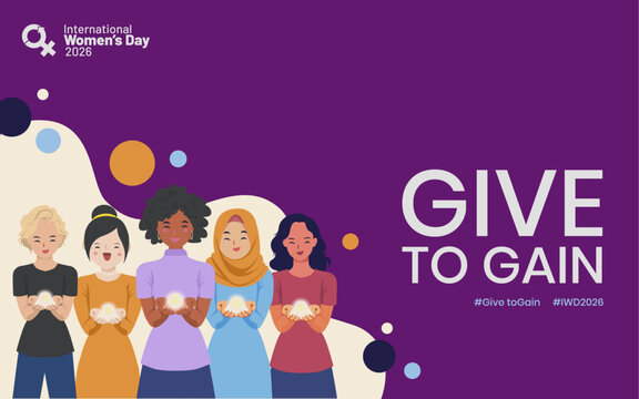 International Women&rsquo;s Day 2026 Give to Gain Concept with Diverse Women Holding Light. Best for IWD 2026 campaign, empowerment, equality, diversity, solidarity, and women support. 