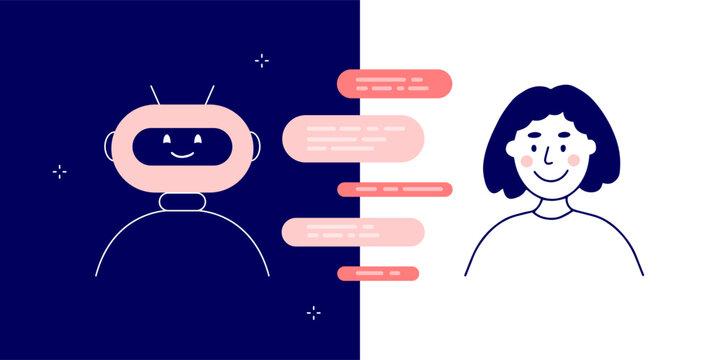 Ai chat bot concept. Virtual assistant vector illustration. Human messaging promt to android robot. Divided chatbot interface with bar, message, digital brain and happy girl. Smart technology service