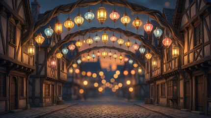 Obraz premium Magical Asian night market festival with thousands of colorful glowing lanterns hanging on large ancient trees, vibrant celebration and cultural tourism concept