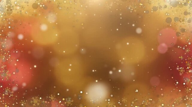 Golden shimmering bokeh and snowflakes border with sparkling lights, magical winter holiday background