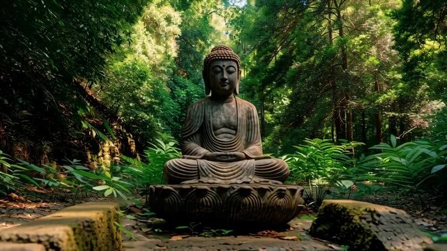 Serene Buddha Statue in Meditation Pose in Lush Forest with Soft Sunlight for Vesak Celebrations and Spiritual Reflection