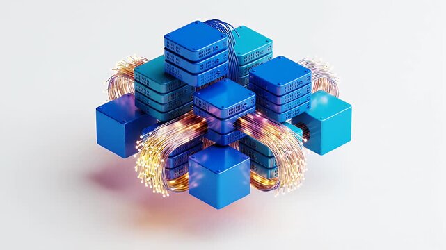 Render of blue and teal server blocks with illuminated fiber optic cables
