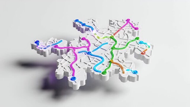 A 3D map with colorful glowing lines representing a transportation network