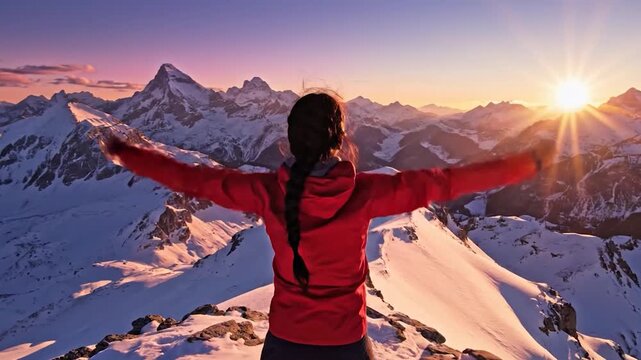 A person in a red jacket celebrates victory on a snowy mountain peak at sunset, arms raised