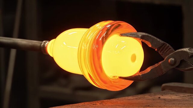 Molten glass is being shaped with tongs; glowing object is held by a rod