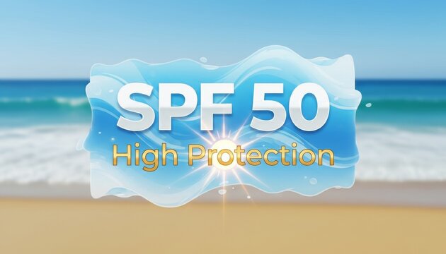 A vibrant image showcasing SPF 50 sunscreen, emphasizing high protection against UV rays, with a beach background and ocean waves.