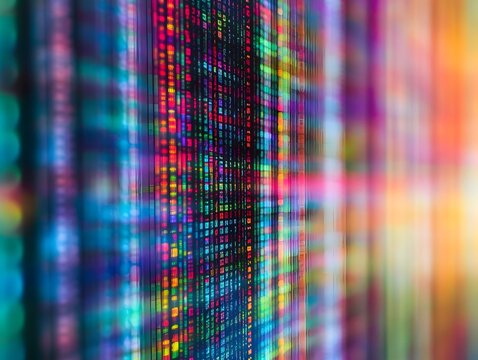 Abstract digital data stream displaying vibrant alphanumeric characters and glowing pixel patterns on a dark screen creating a futuristic cybernetic background