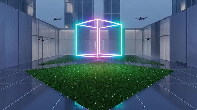 Futuristic neon cube installation in modern architectural courtyard with flying drones.
