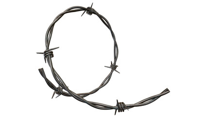 Curved barbed wire strand forming an open loop like the letter Q, jagged metal spikes symbolizing danger, confinement, protection and harsh borders


