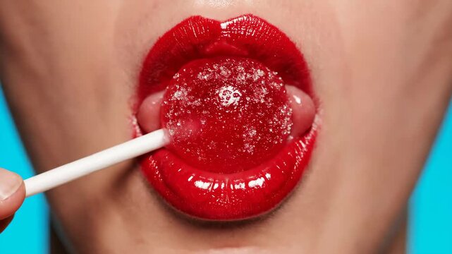 Macro close-up of red lips licking a red lollipop against a blue background. Pop art style woman eating sweet candy. Vibrant beauty and food concept