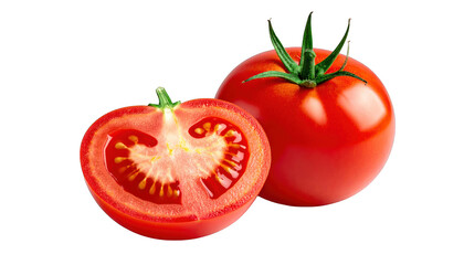 A ripe, red fruit, cut open, revealing juicy inside, next to a whole one