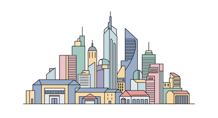 Obraz premium Cityscape illustration featuring various modern buildings and skyscrapers in a vibrant urban environment.