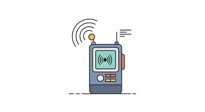 Illustration of a retro communication device with antenna and display transmitting signals.