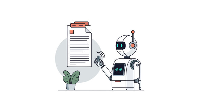 Robot analyzing document artificial intelligence data processing automation technology concept.