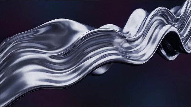 Mesmerizing abstract metallic wave gracefully flows across dark gradient background, its fluid silver chrome surface smooth and shiny. Dynamic form creates modern elegant visual, liquid silver