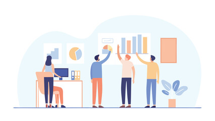 Obraz premium Vector illustration of people working together in office, teamwork concept for presentation, website or marketing material, isolated on transparent background, png