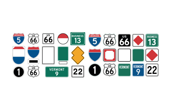 Assorted US road signs including interstate and business routes traffic sign highway sign