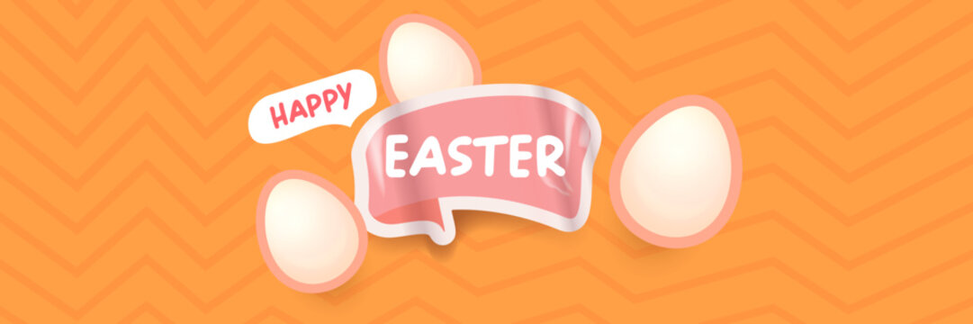 Happy Easter Bright orange horizontal header with text and friendly egg mascot character. Trendy seasonal banner for website backgrounds, social media promotions, and retail shop advertisements.