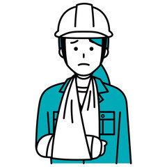 右腕を骨折している作業員の女性