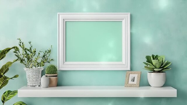 Blank White Picture Frame on Shelf with Potted Plants and Textured Wall.