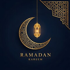 A golden crescent moon with a lantern and Ramadan Kareem text on a dark background