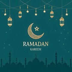 A Ramadan Kareem greeting card with a mosque silhouette and lanterns