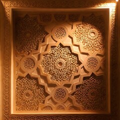 A beautifully lit intricately carved wooden panel with ornate designs