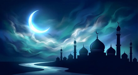 A serene mosque silhouette under a glowing crescent moon at night