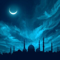 A serene mosque silhouette under a crescent moon in a blue night sky