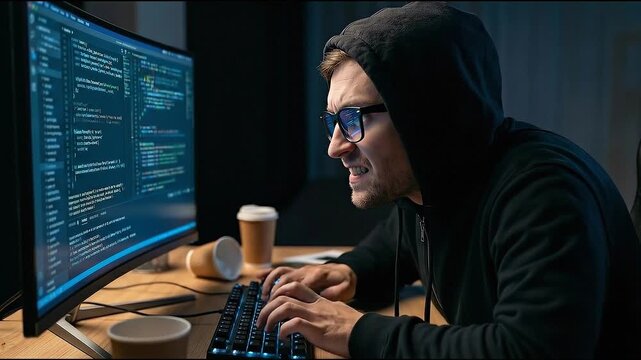 Intense male hacker with hoodie coding on computer through night inside dark room, focused developer working on cybersecurity
