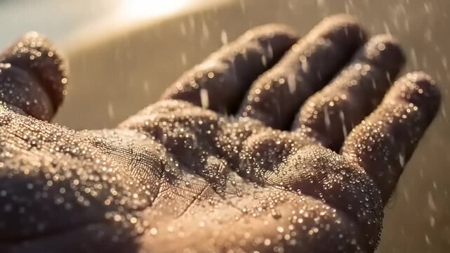 Close up of hand covered in sand with more sand falling.