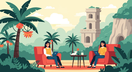 Obraz premium People with laptops and a cat relax in armchairs amidst lush tropical foliage and ancient architecture