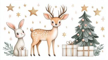 Obraz premium Festive Companions: A charming illustration depicts a whimsical holiday scene with a deer, a bunny, and a decorated tree.