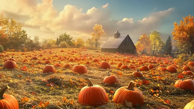 Vast pumpkin patch in autumn with barn and golden sunlight.