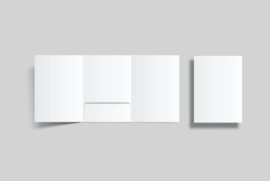 A4 Size paper folder mockup with tri fold design and pocket on isolated on background.Blank folded paper, open leaflet template for print layout, brochure, presentation document, flyer, catalogue, ads