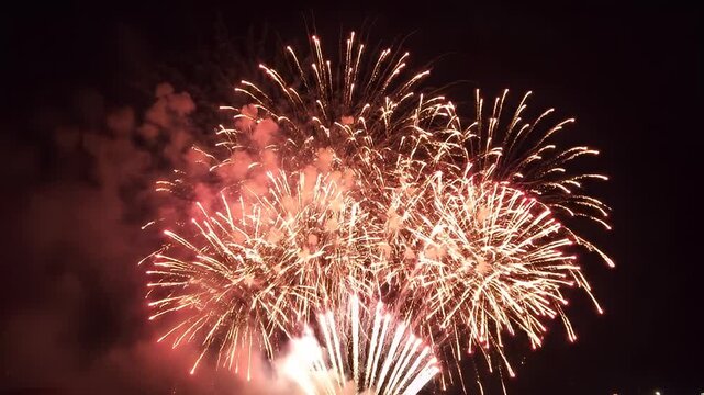 Fireworks display against a dark night sky with explosions and smoke