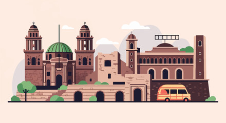 Fototapeta premium Stylized cityscape with varied brown buildings, green domes, and yellow van