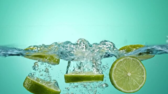 Refreshing lime slices energetically plummeting into crystal-clear water, generating lively splashes and effervescent bubbles, embodying freshness and zest in a dynamic display