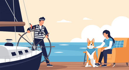 Obraz premium Sailor at helm of boat, woman with dog relaxing on deck near water