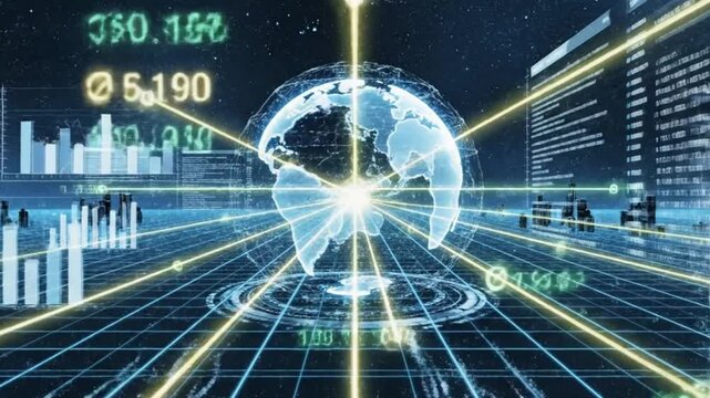 Digital globe with intersecting data streams graphs and glowing numeric overlays