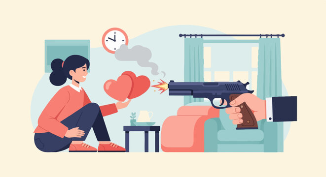 Person shooting hearts with gun indoors