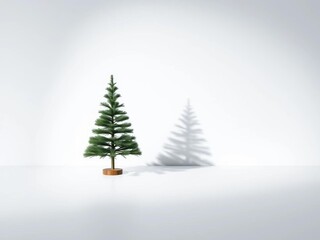 Obraz premium A minimalist fir tree sculpture, illuminated by a soft halo of light, casts a stark geometric shadow on an unblemished white surface, light, celebration