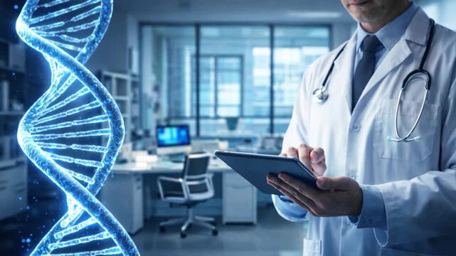 Doctor using tablet and check with analysis chromosome DNA genetic. DNA molecule. Medical science and biotechnology.

