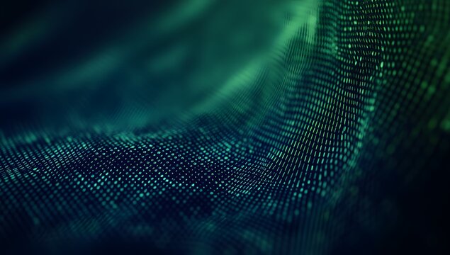 Abstract digital data wave background featuring glowing binary code particles and flowing green light trails representing high speed internet connectivity and futuristic technological innovation